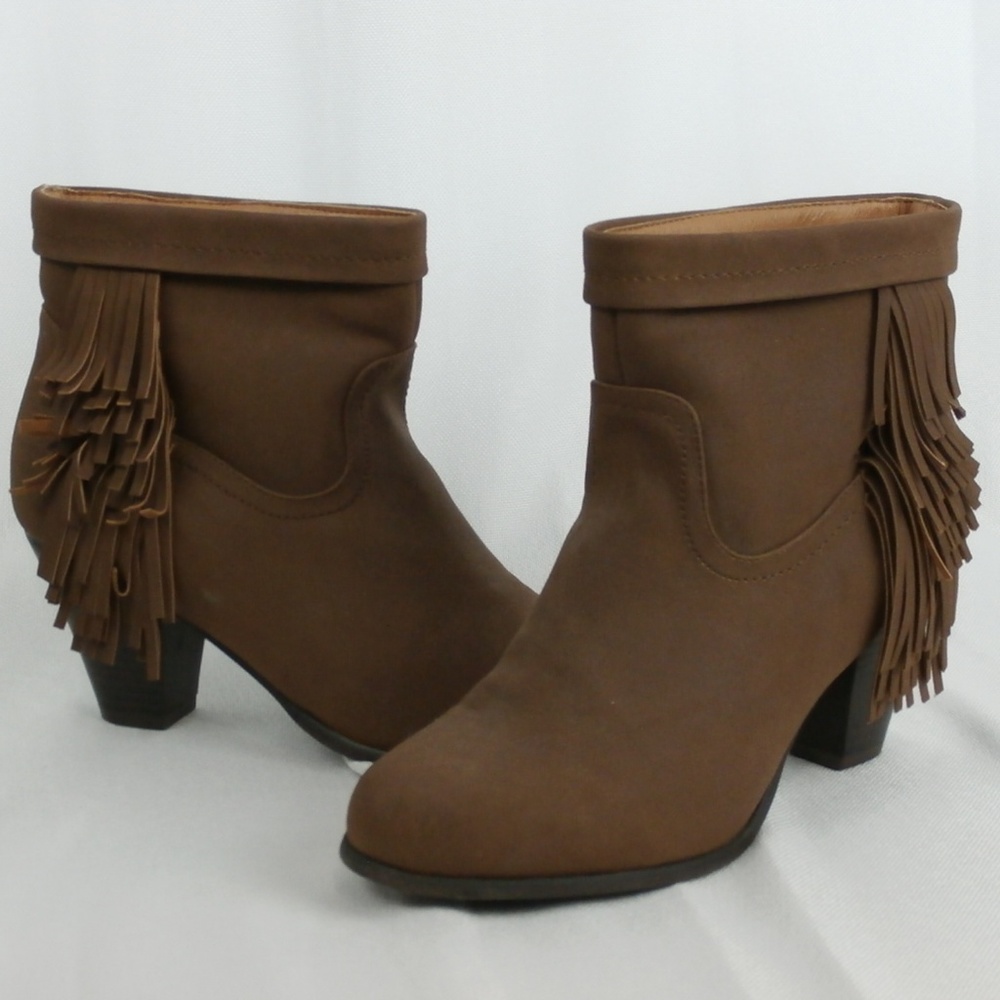 Brown Faux Suede side fringe ankle boots
